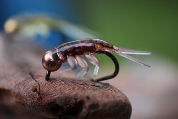 A close-up image of a Caddis Larva nymph fishing fly with a life-like appearance, resting on a wooden surface.