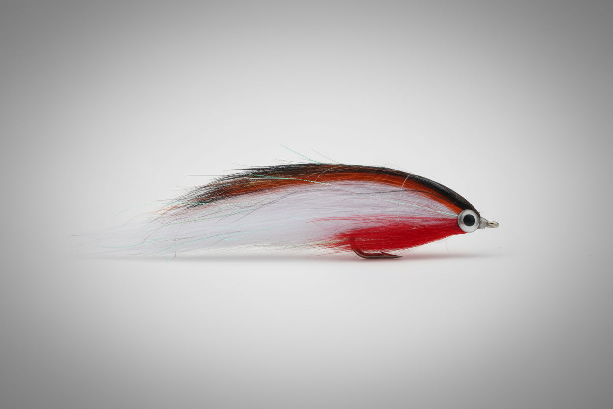 Fishing fly with red and white body on a dark brown background