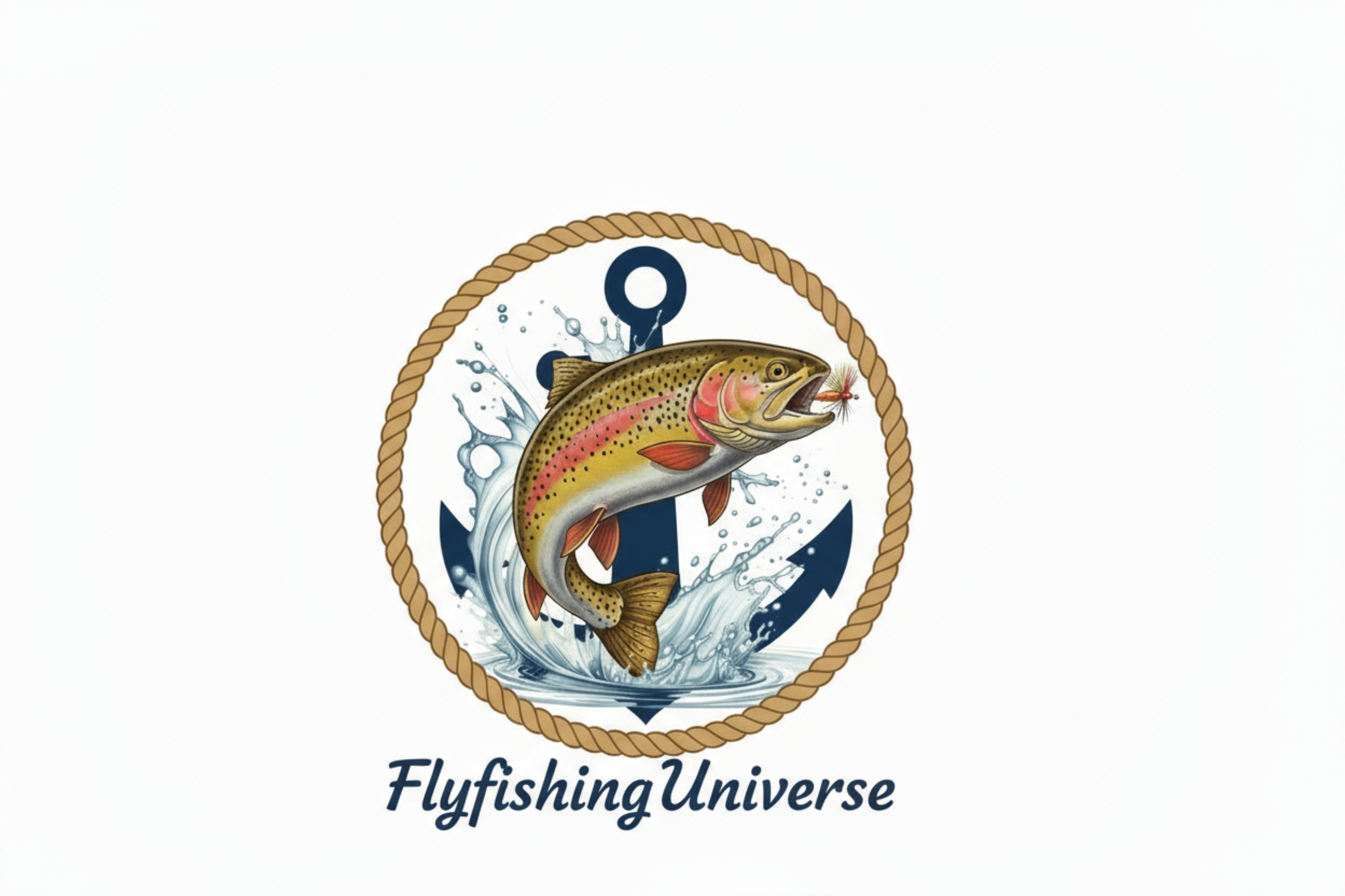 Logo of Flyfishing Universe with a fish and anchor design on a white background